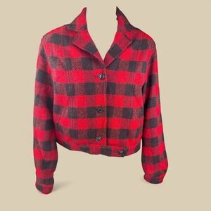 Talbots Collection Red Black Buffalo Plaid Cropped Wool Blend Blazer Jacket SZ 6